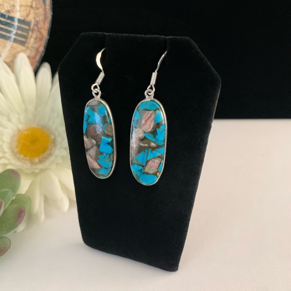Copper & Turquoise Mosaic Handmade Silver Drop Earrings - Picture 7 of 9